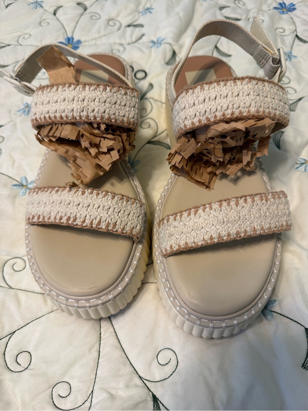 Dolce Vita “Drake” Beige Woven Embellished Strap Platform Sandals